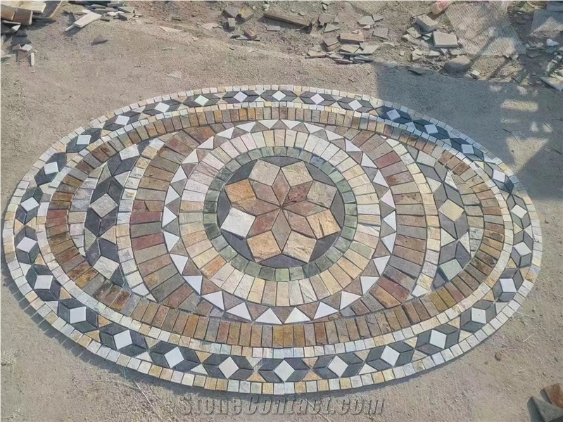 Black White China Slate Floor Mosaic Medallion For Courtyard