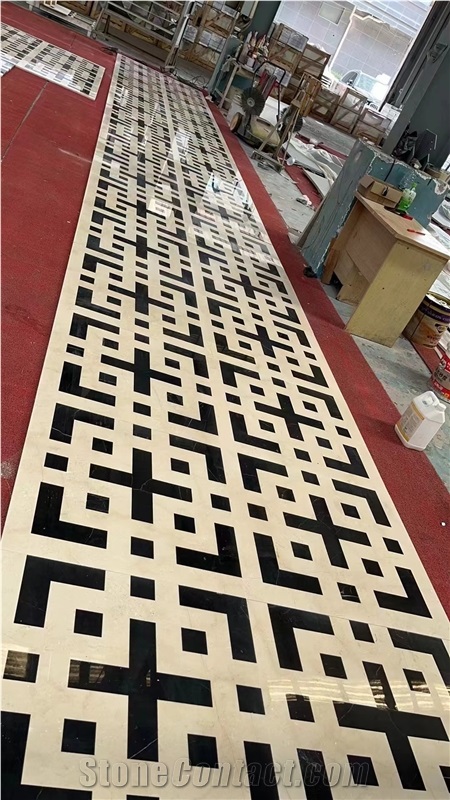 Crema Marfil And Marquina Waterjet Pattern Hallway Floor Tiles