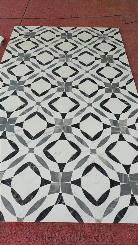 Crema Marfil And Marquina Waterjet Pattern Hallway Floor Tiles