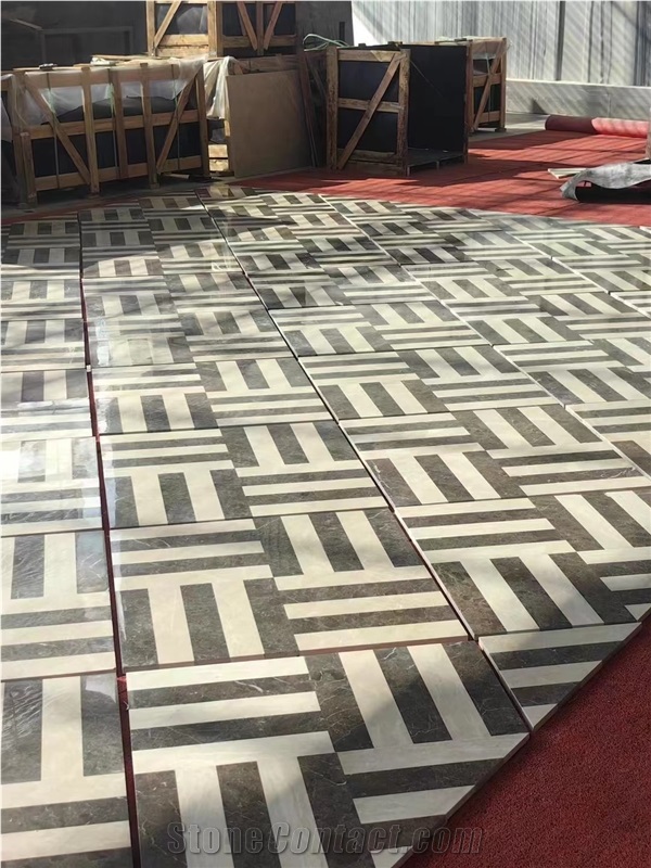 Marble Pietra Grey And Crema Marfil Waterjet Zebra Pattern Floor Tiles
