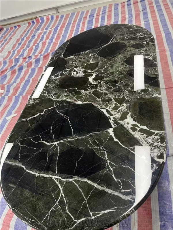 Oval Design Dark Green Marble Table Top For Restaurant Decor
