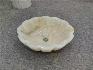 White Onyx Flora Design Stone Bathroom Wash Basin