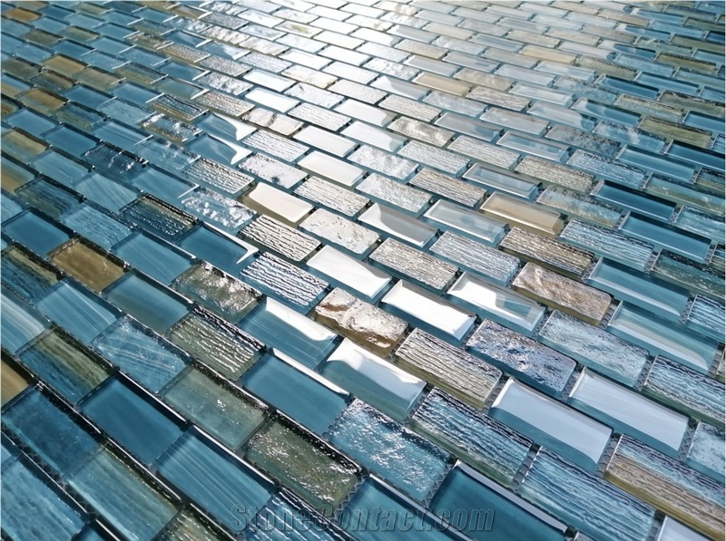 1/2 Waterline Tiles - Fiji Subway Glass Mosaic Collection