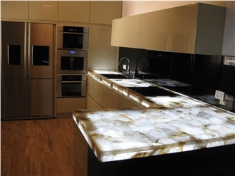 White Crystal Agate Semiprecious Stone Kitchen Countertop