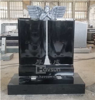 Indian Black Granite Carved Praying Angel On Book Headstone
