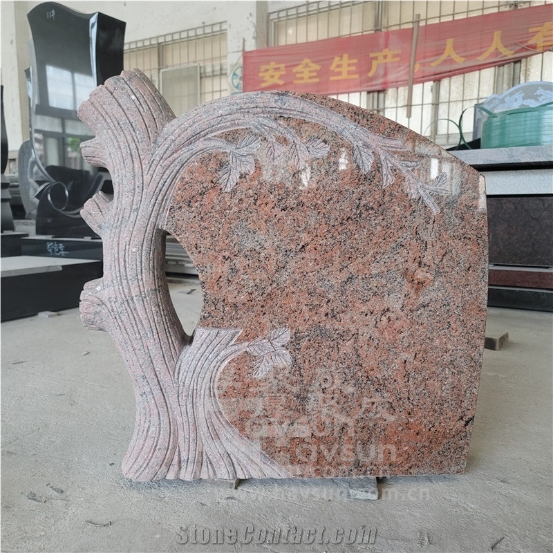 Indian Multicolor Red Granite Carved Tree Shape Headstone