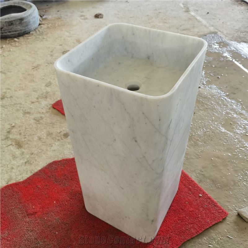 Italian Carrara White Marble Pedestal Sink For Bathroom