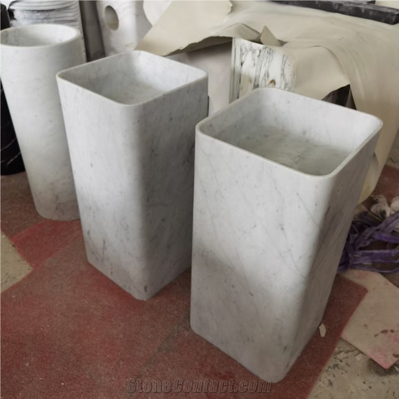 Italian Carrara White Marble Pedestal Sink For Bathroom
