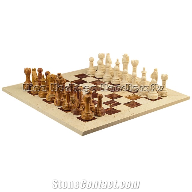 Botticino & Red Onyx Chess Set Stone Inlay Crafts