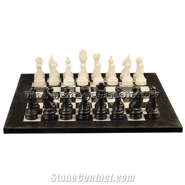 Jet Black And White Marble Chess Set Stone Inlay Crafts
