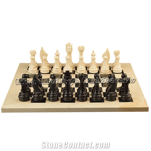 Jet Black & Botticino Marble Chess Set Stone Handicrafts