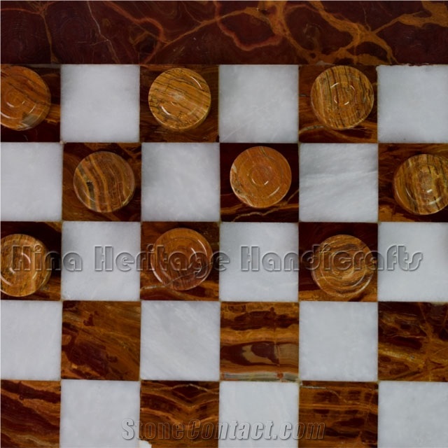 Red Onyx & White Marble Draught Checkers Set Stone Gifts
