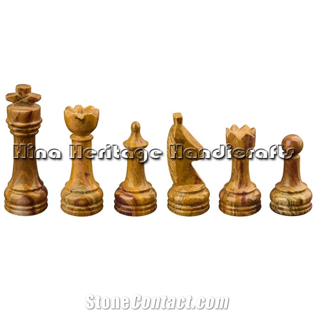 Teak Wood Marble -Jasper Red Onyx Chess Set Carved Handicraft