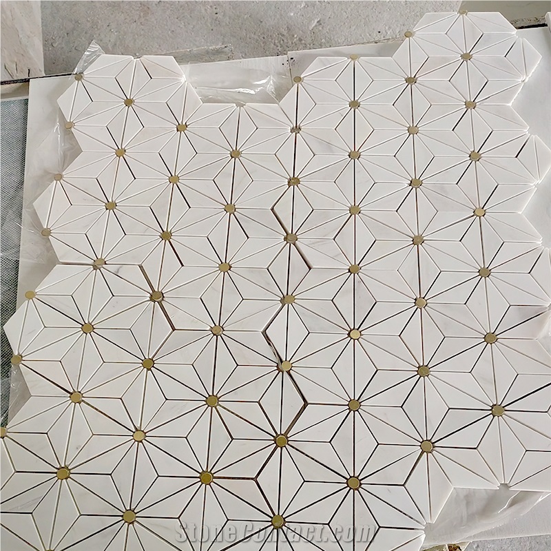 Dolomite White Marble And Brass Backsplash Wall Mosaic Tile