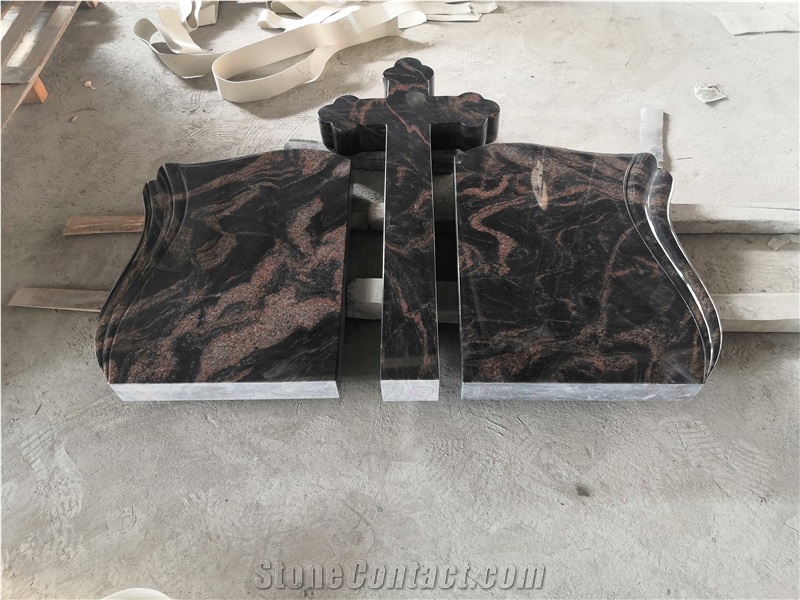 Romanian Style Red Granite Double Cross Tombstone