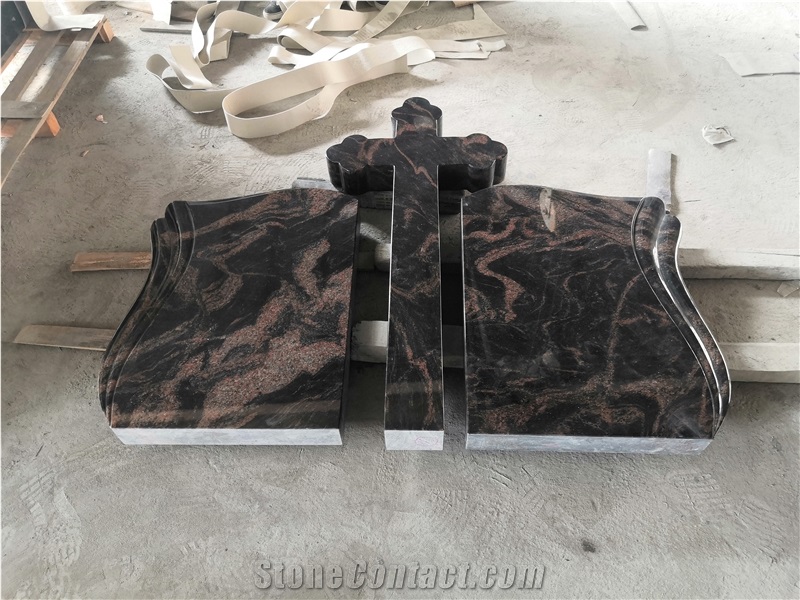 Romanian Style Red Granite Double Cross Tombstone