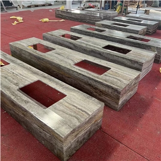 Silver Grey Travertine Bathroom Double Sink Vanity Tops
