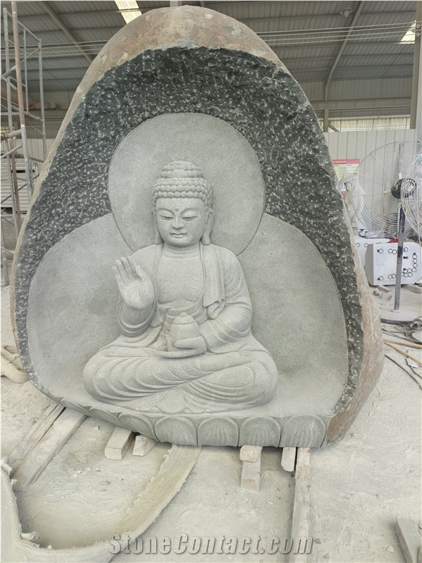 Carved Basalt River Rock Religious Budha Sculpture