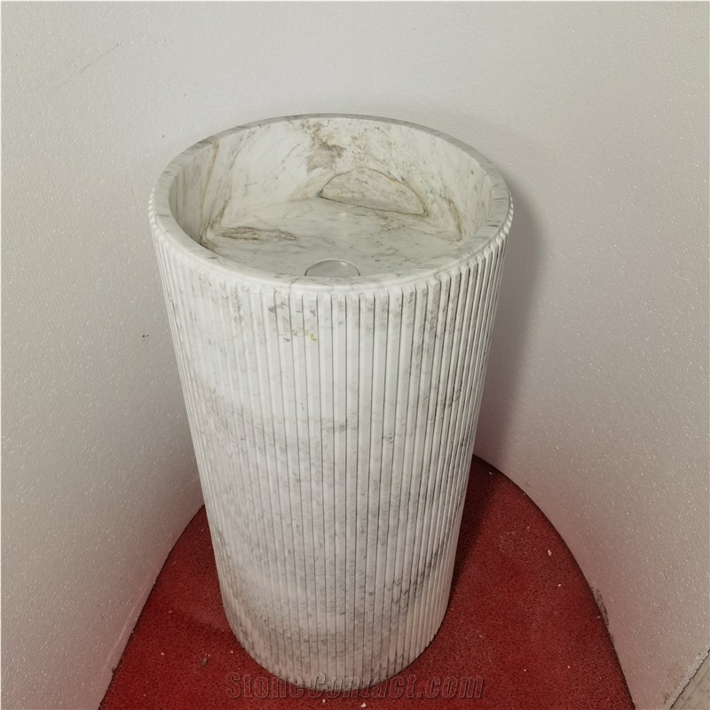 Marble Crema Marfil Pedestal Round Wash Basin For Bathroom