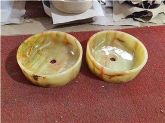 Round Green Onyx With Brown Veins Wash Basin For Bathroom