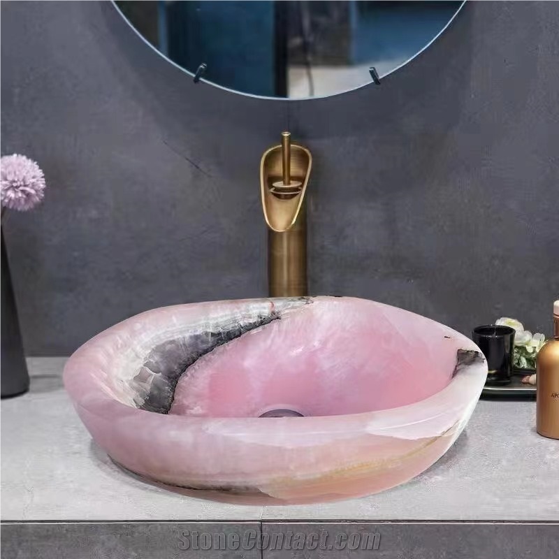 Round Green Onyx With Brown Veins Wash Basin For Bathroom