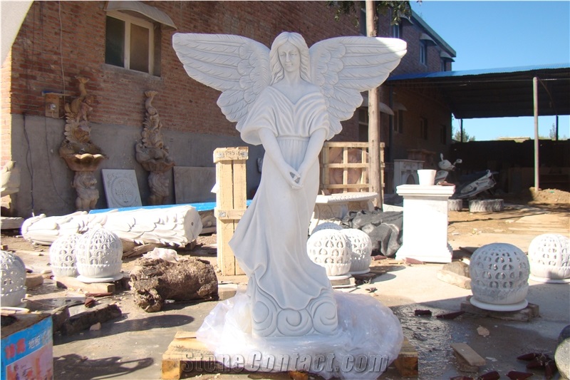 Outdoor Handmade Marble Garden Sculpture Angel Winged