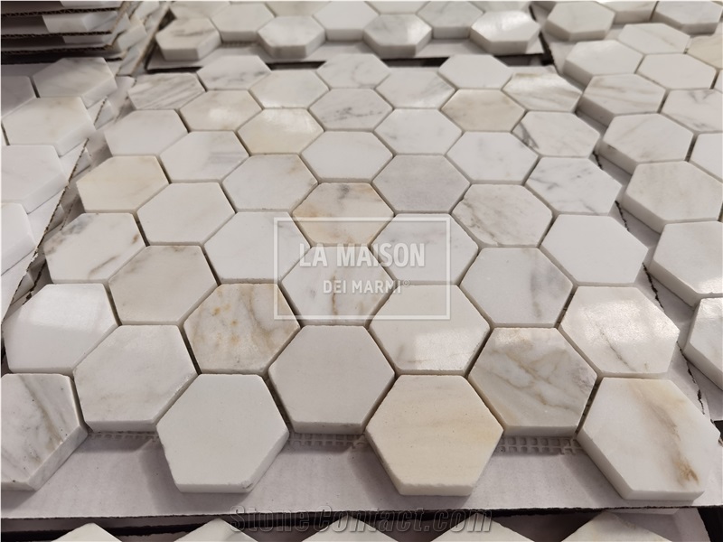 Calacatta Gold Marble Polished Hexagon Mosaic Pattern