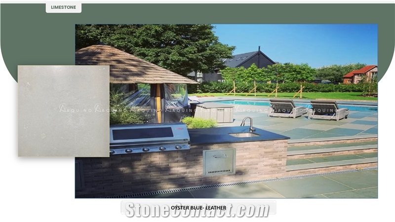Oyster Blue Limestone Leathered Pool Coping, Pool Pavers