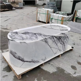 Customized Lilac White Marble Freestanding Bathtub