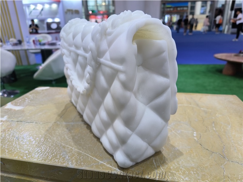 Hand Carved White Marble Bag Sculpture For Home Decoration