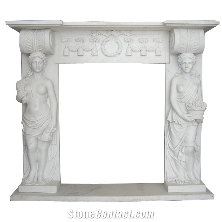 Human Carved White Marble Fireplace Mantel