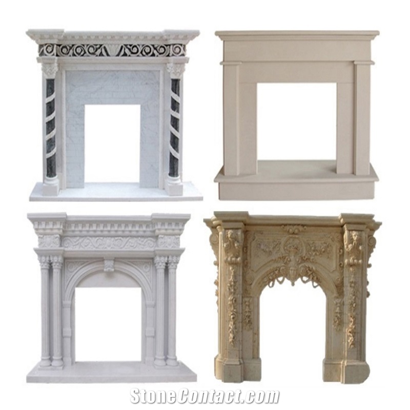 New Design Natural White Marble Lion Carved Fireplace