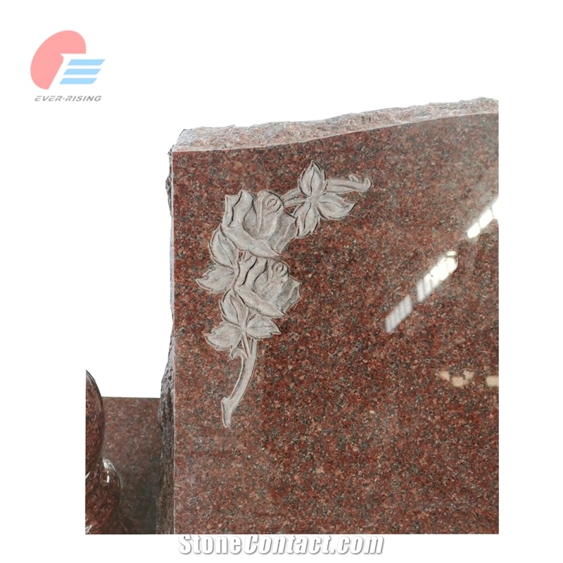 India Red Granite Polished Slant Monument With Rose Carving