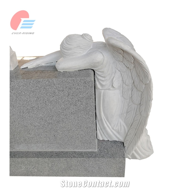 Light Grey Granite Tombstone With White Marble Daley Statue
