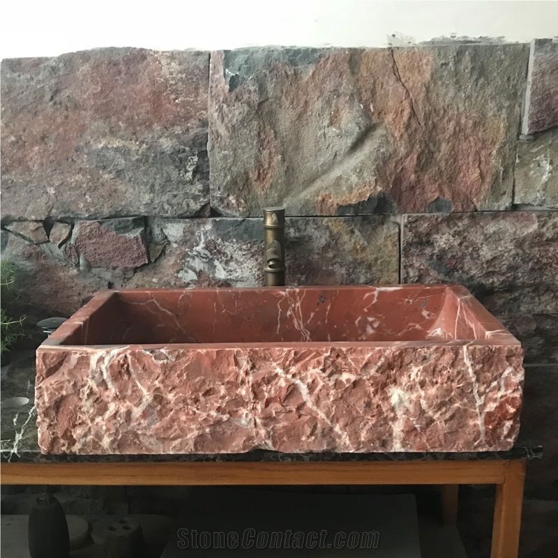 Coral Red Marble Farm Sink Polished Inside Nature Outside