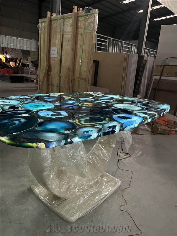 Blue Agate Semiprecious Stone Table Tops