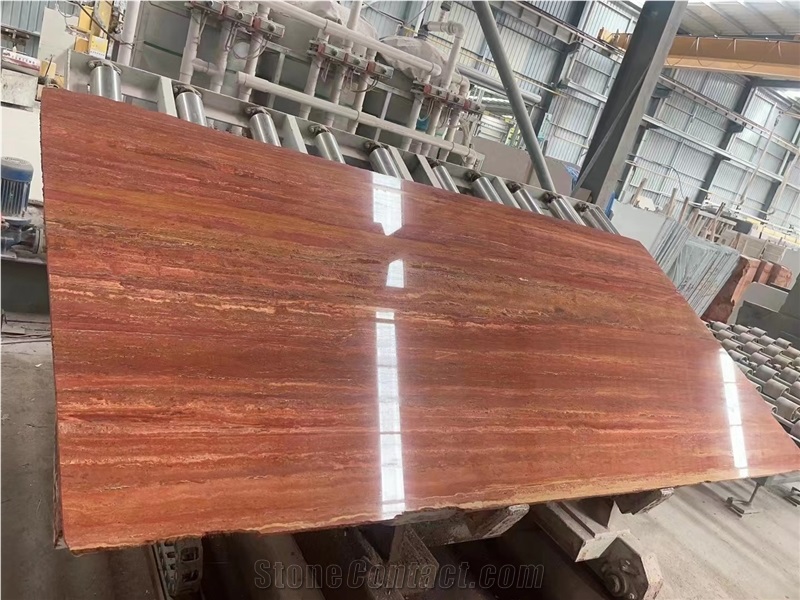Red Travertine Slabs Polished And Filled For Interior Design