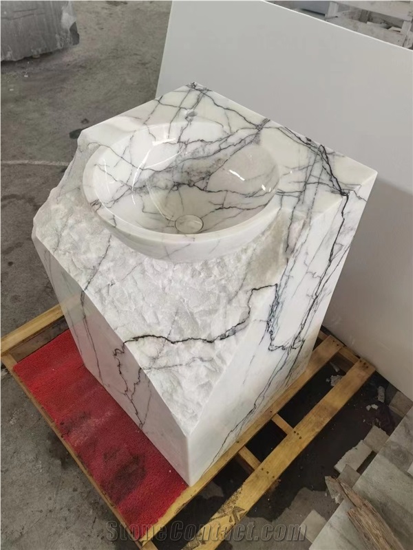 Solid Milas Lilac Marble Round Pedestal Wash Basin For Bathroom