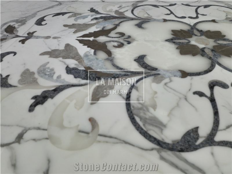 Calacatta White & Gray Marble Floor Waterjet Medallion Patterns