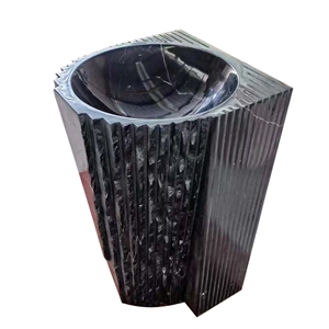Polished Black Marquina Marble Stone Bathroom Pedestal Sink
