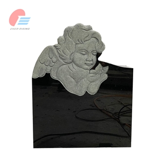 Absolute Black Granite Tombstone With Engraved Cherub
