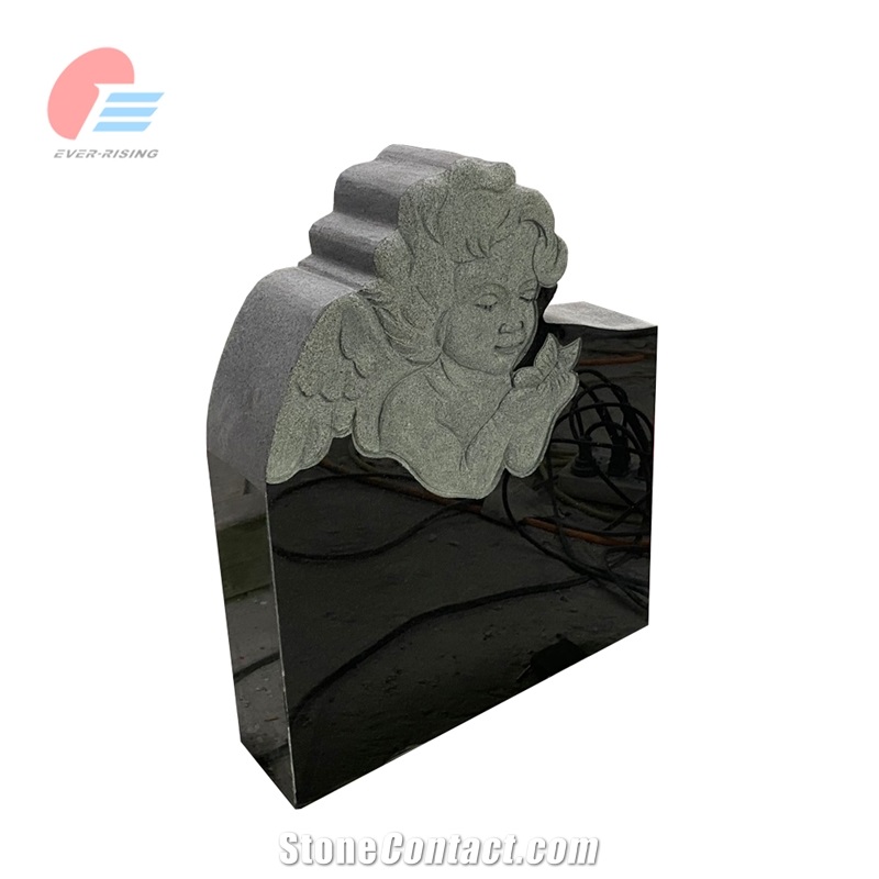 Absolute Black Granite Tombstone With Engraved Cherub