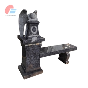Bahama Blue Granite Memorial Bench Seat With Kneeling Angel