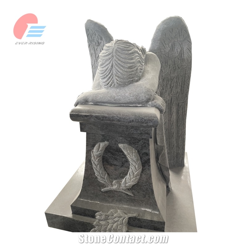 Bahama Blue Granite Memorial Bench Seat With Kneeling Angel