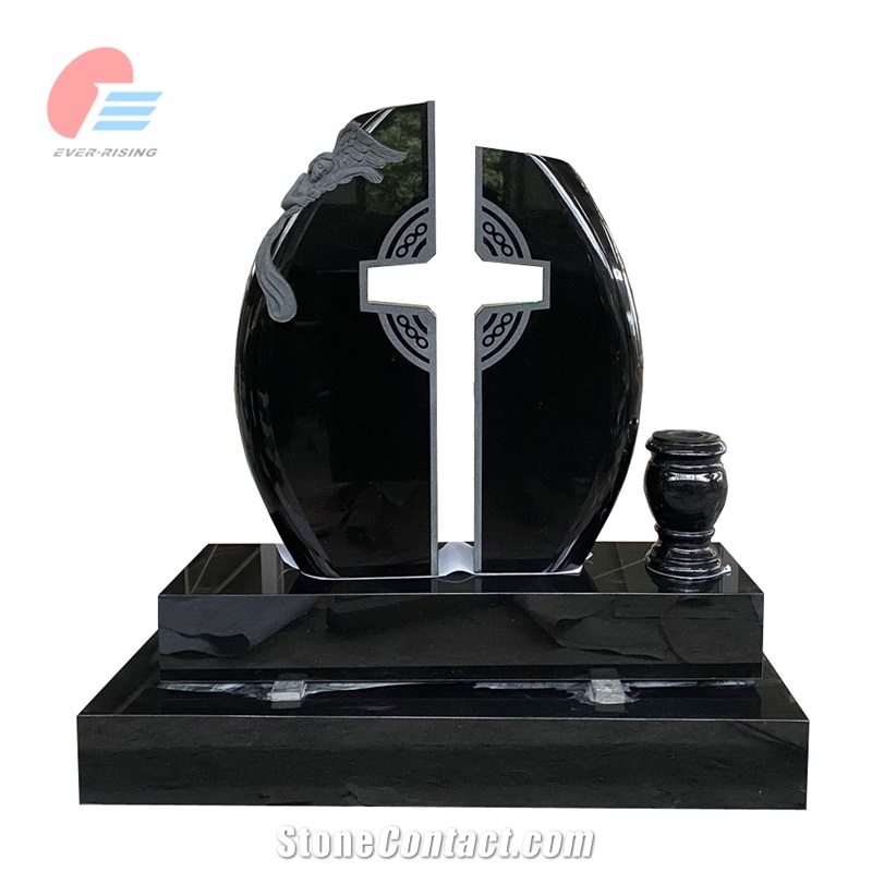 India Black Granite Celtic Headstone With Cross And Angel