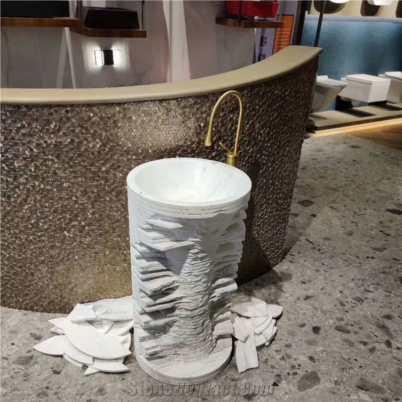 Italy Carrara White Marble Pedestal Sinks Art Design