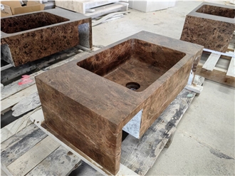 Rectangle Brown Marble Bathroom Washbasin