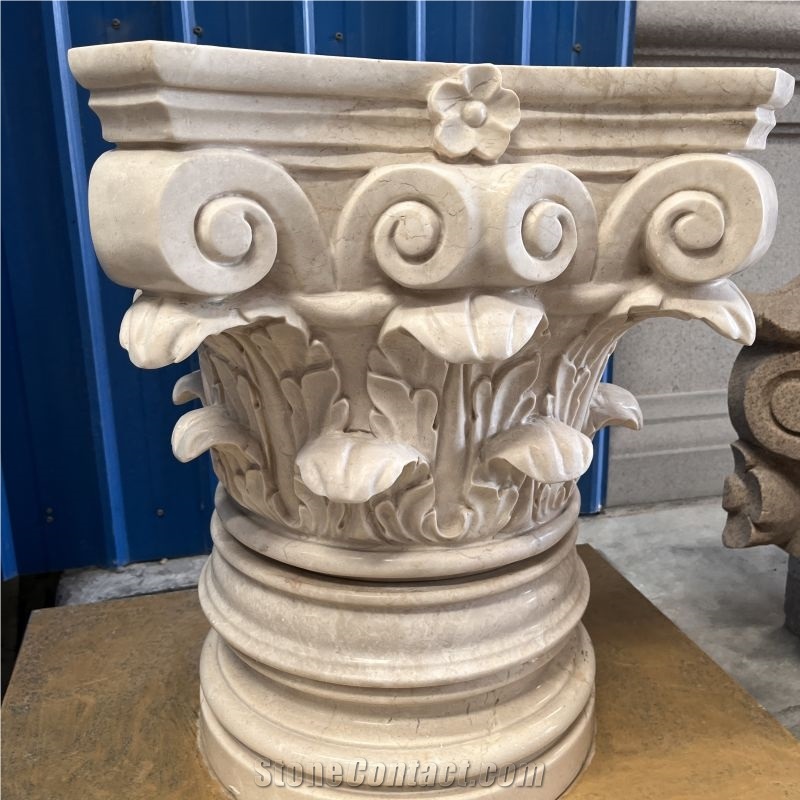Natural Beige Marble Hand Carved Column Capital For Home