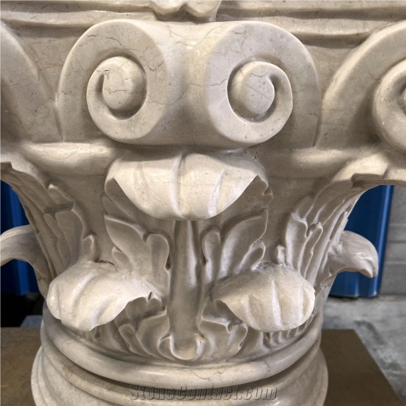Natural Beige Marble Hand Carved Column Capital For Home