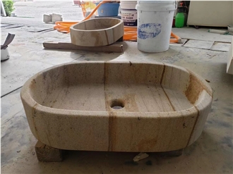 Yellow Sandstone Bathroom Oval Design Vessel Sink For Bath